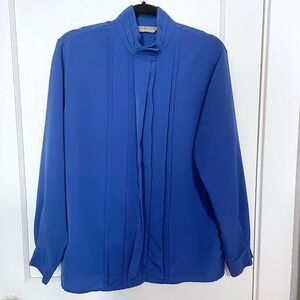Vtg Hill Archer Blouse Shirt Top Women’s 12 Blue Long Sleeve Mock Neck Pleated